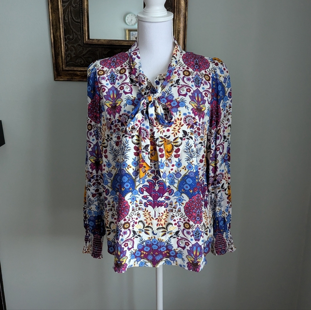 NEW Talbots Wms MP Long Sleeve Multicolored Tie Neck Floral Medallion Blouse 134